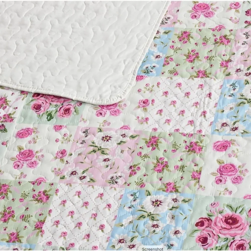 Ditsy Cottage Pink Floral Printed Patchwork QueenQuilt Set Farmhouse Shabby Chic